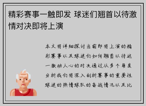 精彩赛事一触即发 球迷们翘首以待激情对决即将上演